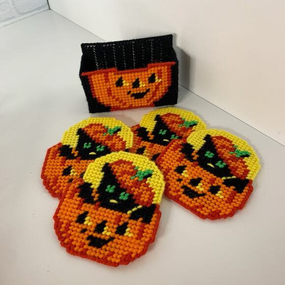Halloween Coaster Set of 4 Plastic Canvas Decor Black Cat In Jack-o-Lantern - Picture 2 of 5